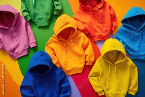 a bunch of different colored hoodies on a colorful background