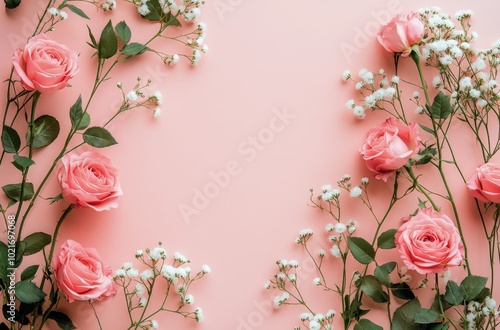 Fototapeta Naklejka Na Ścianę i Meble -  Beautiful arrangement of pink roses and white flowers on pastel background for a floral design