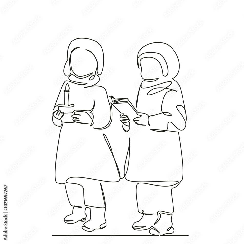 One continuous single drawing line art flat doodle child, christmas, person, fun, celebration, winter, music, singing, tradition, carol. Isolated image hand draw contour on a white background One continuous single drawing line art flat doodle child, christmas, person, fun, celebration, winter, music, singing, tradition, carol. Isolated image hand draw contour on a white background
