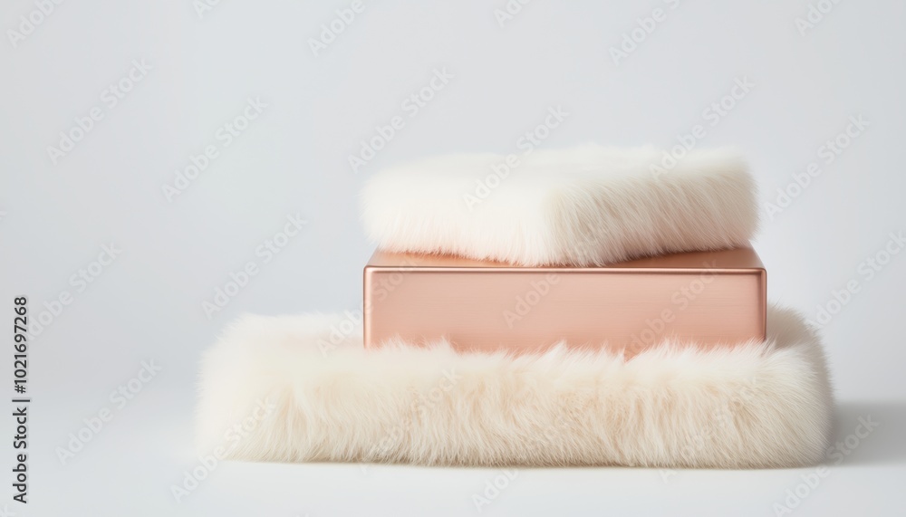 A sleek copper podium with clean, modern lines, placed on soft cream-colored fur, with the contrast between the shiny copper and plush fur adding to the luxurious feel. A sleek copper podium with clean, modern lines, placed on soft cream-colored fur, with the contrast between the shiny copper and plush fur adding to the luxurious feel.