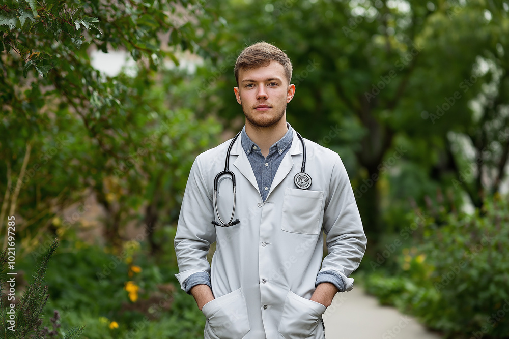 Young Medical Professional Standing Outdoors with a Serious Expression and Arms in Pockets Young Medical Professional Standing Outdoors with a Serious Expression and Arms in Pockets