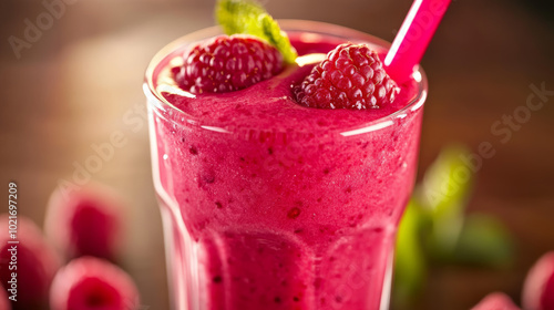 A delicious creamy raspberry smoothie served in a clear glass, showcasing its rich pink hue