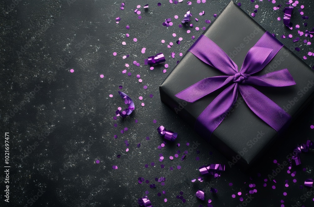 A beautifully wrapped black gift box with a purple ribbon surrounded by purple confetti A beautifully wrapped black gift box with a purple ribbon surrounded by purple confetti