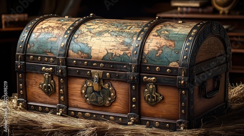 A vintage wooden chest with a world map design on the lid, adorned with brass hardware and accents.