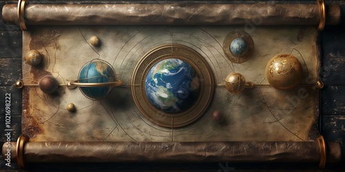 Creative illustration of a geocentric model with earth at the center, surrounded by orbits and planets on an ancient scroll design photo