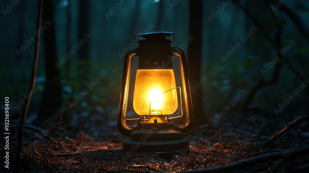 A lantern glows brightly in the center of a dark forest at night A lantern glows brightly in the center of a dark forest at night