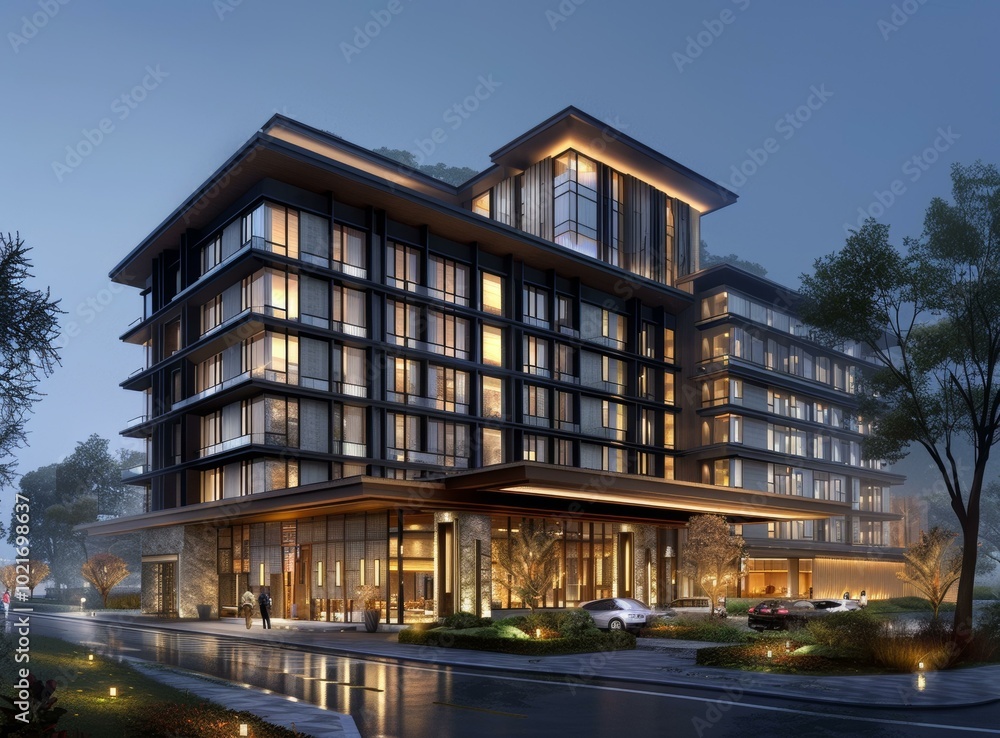 Modern Architectural Design of a Luxury Hotel at Night Modern Architectural Design of a Luxury Hotel at Night