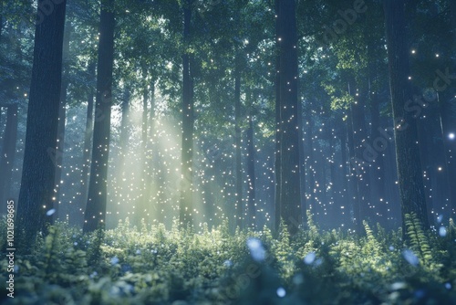Moonlit Forest with Serene Atmosphere and Glowing Elements