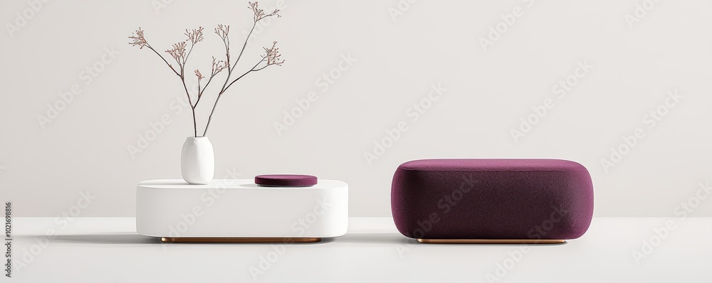 A sleek white podium with brushed brass accents, set on rich plum suede fabric, with the soft texture of the fabric enhancing the elegance of the minimalist design. A sleek white podium with brushed brass accents, set on rich plum suede fabric, with the soft texture of the fabric enhancing the elegance of the minimalist design.