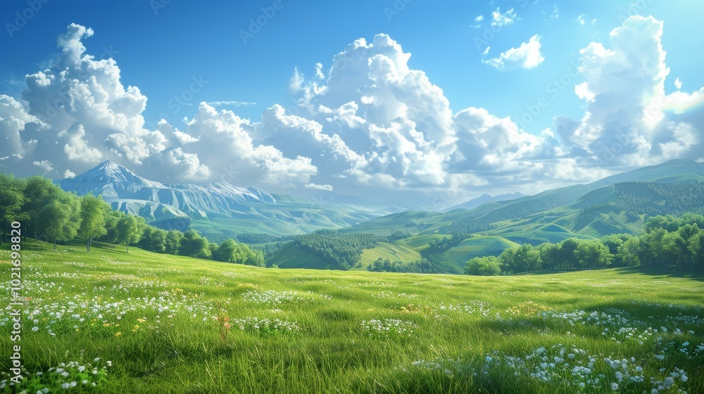 Fototapeta premium Stunning Mountain Meadow Landscape Illustration