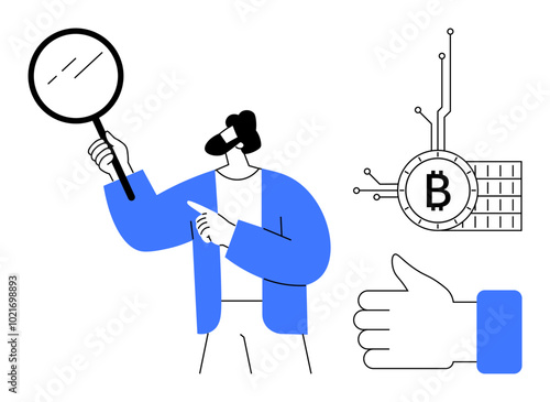 Man holds a magnifying glass pointing to a Bitcoin symbol and a thumbs-up sign. Ideal for cryptocurrency, analysis, blockchain technology, digital currency trends, financial security. Minimalist