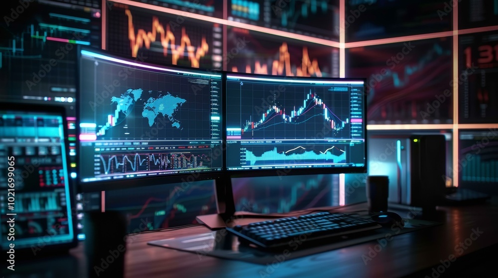 A Futuristic Look at a Stock Trader's Workstation with Multiple Monitors A Futuristic Look at a Stock Trader's Workstation with Multiple Monitors