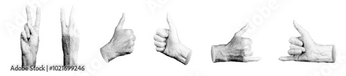 Hand gestures, victory, thumb up, surfing sign. Halftone style vector isolated on white background.