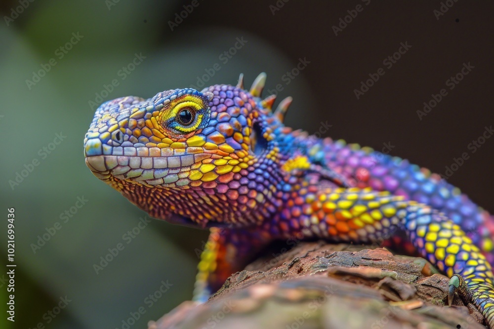 Fototapeta premium Vibrant, colorful lizard is resting on a tree branch