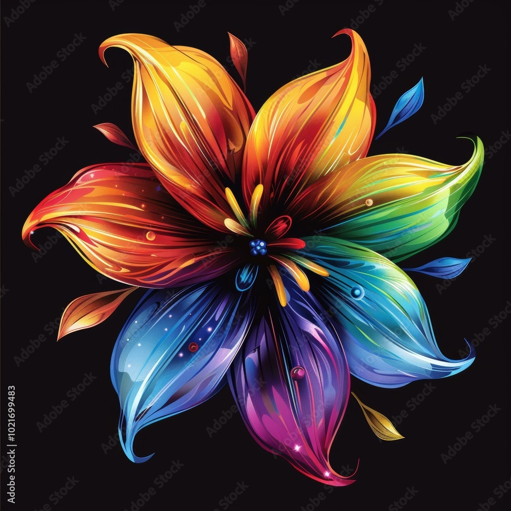 Rainbow flower with blue center and multiple petals Rainbow flower with blue center and multiple petals