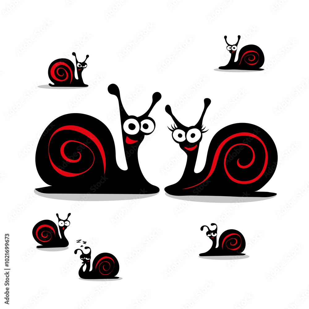 Fototapeta premium Cartoon family of black and red snails with different emotions. Greeting card with Mother's Day, Happy Father's Day, Happy Family Day, protection of children. Mom, Dad and kids.