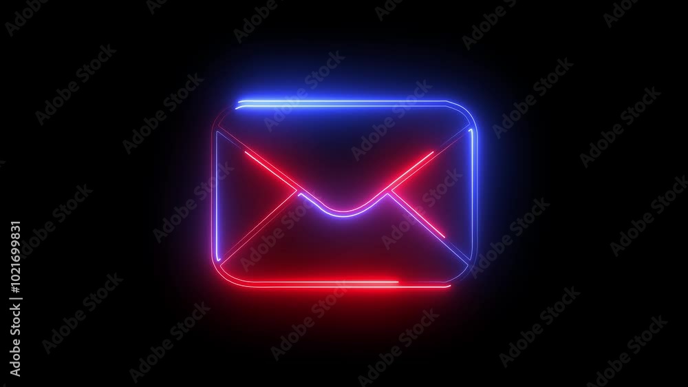 Glowing neon message box icon animation video notice receive massage animated sign symbol on black background