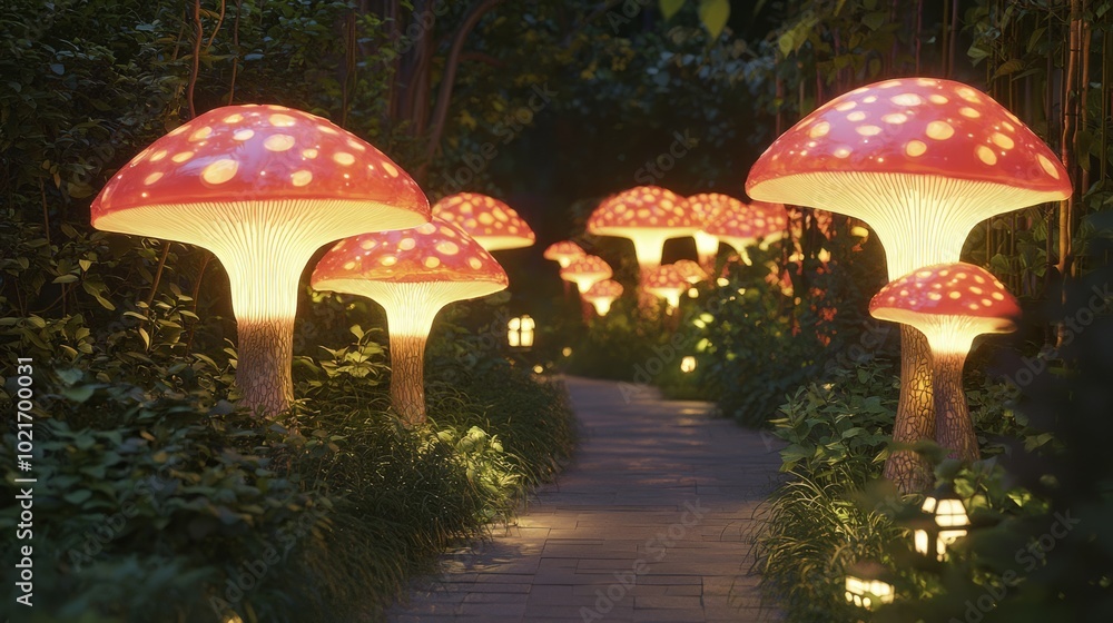 Fototapeta premium Enchanted Garden Path with Glowing Mushrooms and Lanterns for Evening Strolls | Ultra-Detailed Light Installations Scene