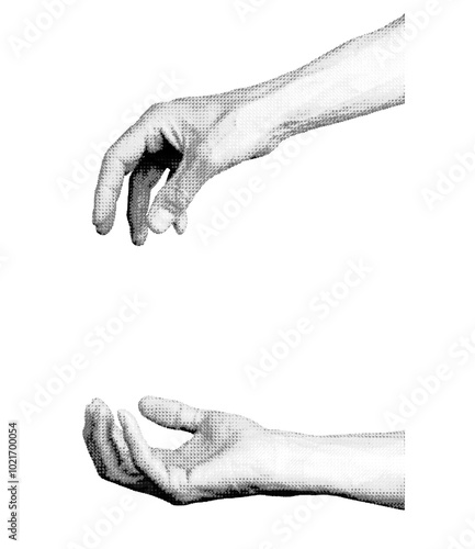 Hands giving and palm taking and getting. Halftone style vector isolated on white background.