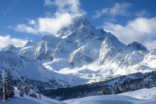 Wallpaper Mural A majestic snow-capped mountain peak rising above a vast snowy landscape Torontodigital.ca