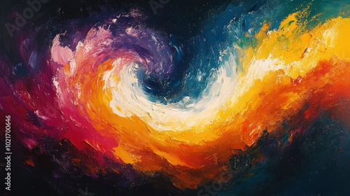 Abstract painting with swirling colors of yellow, orange, white, pink, and blue on a dark blue background.