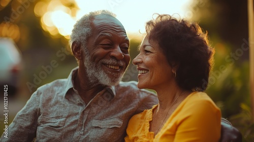 A happy senior couple sitting together, looking at each other and smiling. They are enjoying each other's company in a warm and loving way.