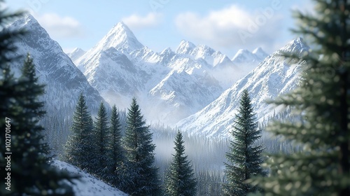  Evergreen trees frame snowy mountain range; blue sky with white clouds backdrop