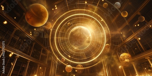 Creative illustration of a celestial library featuring a glowing planetary model in the center, surrounded by golden orbs, cosmic details, and ancient books