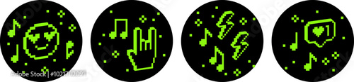 Festival vector design elements. Trendy Y2k retro sticker set. Playful 3d pixel shapes. Music note. Smiling face, heart. Rock hand icon. Fans, rock-n-roll. Music concept. Pixel art. Bold and groovy