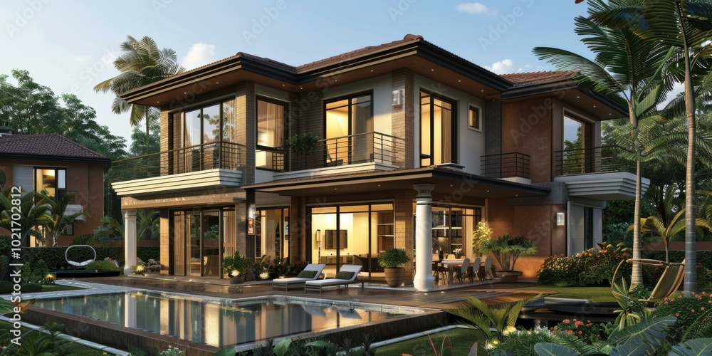 Fototapeta premium Luxury Two-Story House Exterior Design Illustration