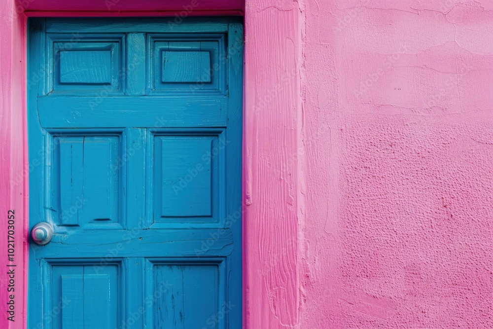 Blue painted wooden front door is contrasting with a pink wall Blue painted wooden front door is contrasting with a pink wall