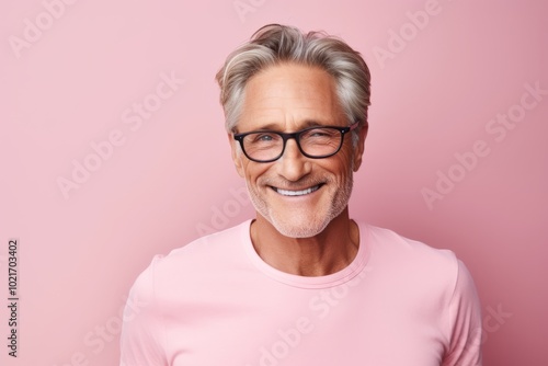 Positive delighted man looking at camera and smiling while standing against pink background