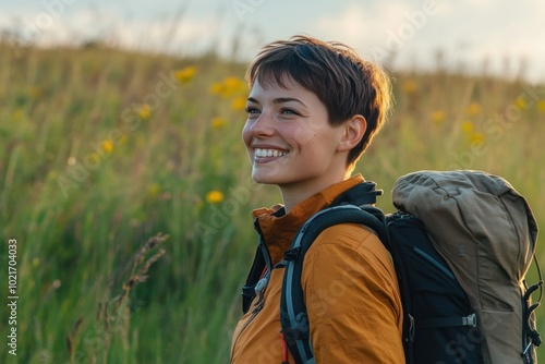 Joyful Woman with Backpack in Nature’s Embrace
