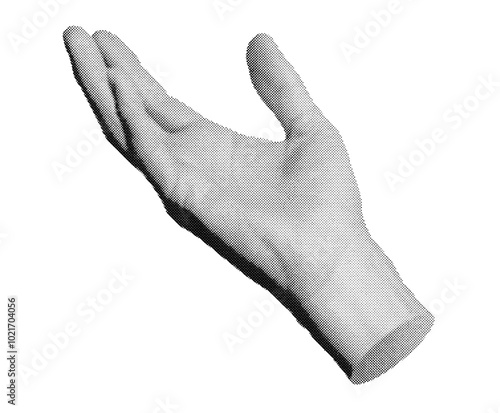 Hand reaching out, touching, palm sign, gesture. Halftone style vector isolated on white background.