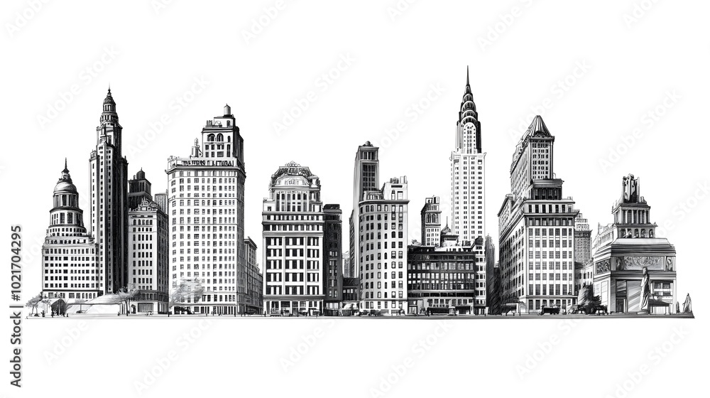 Black and white vector illustration of the New York City skyline, on a white background, with a minimalistic design featuring clean lines and a simple drawing style Black and white vector illustration of the New York City skyline, on a white background, with a minimalistic design featuring clean lines and a simple drawing style