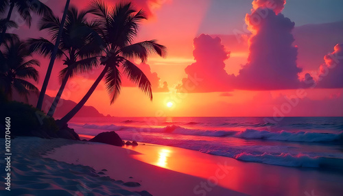 The pixelated beach scene with a vibrant orange and pink sunset, silhouetted palm trees swaying in the breeze is a beautiful and serene sight.