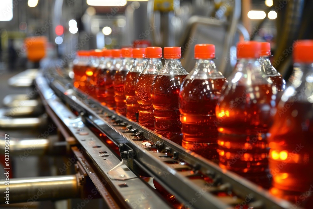 Plastic bottles filled with a refreshing soft drink are moving along a conveyor belt in a modern bottling plant Plastic bottles filled with a refreshing soft drink are moving along a conveyor belt in a modern bottling plant