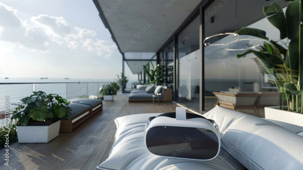 Fototapeta premium Virtual reality headset on a comfortable sofa in a modern apartment with a sea view