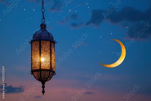 Lantern Illuminated by the Crescent Moon at Dusk