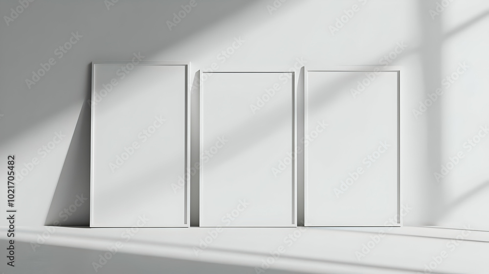 Three Blank Frames on White Wall with Light and Shadow - 3D Illustration Three Blank Frames on White Wall with Light and Shadow - 3D Illustration