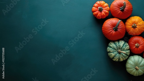 Modern Pumpkin Harvest. Stylish Dark Green Autumn Setting with Vibrant Colors