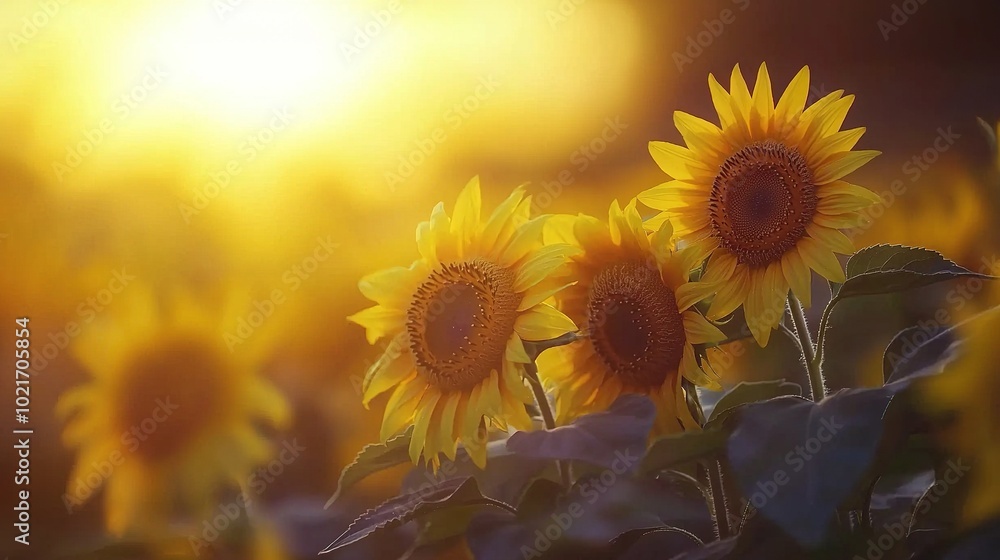 Obraz premium Sunflowers in a field with sunlight through leaves and sky background