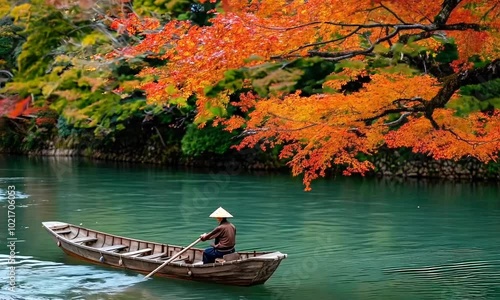 boatman wih boat at river on background photo