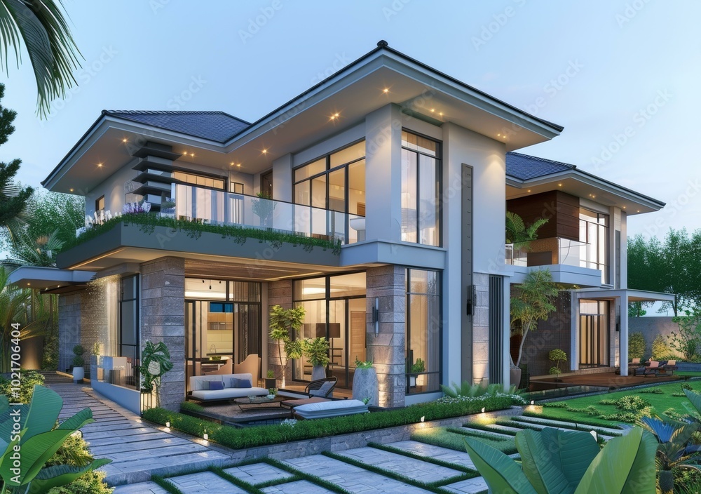 Fototapeta premium Modern Luxury House Exterior Design Illustration