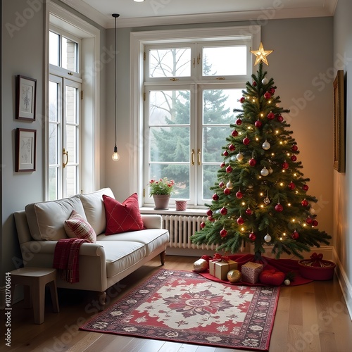 Beautiful Christmas house with New Year tree and decorations. A room decorated in New Year's style with a large Christmas tree. Christmas loft. Christmas home interior with large window and sofa.