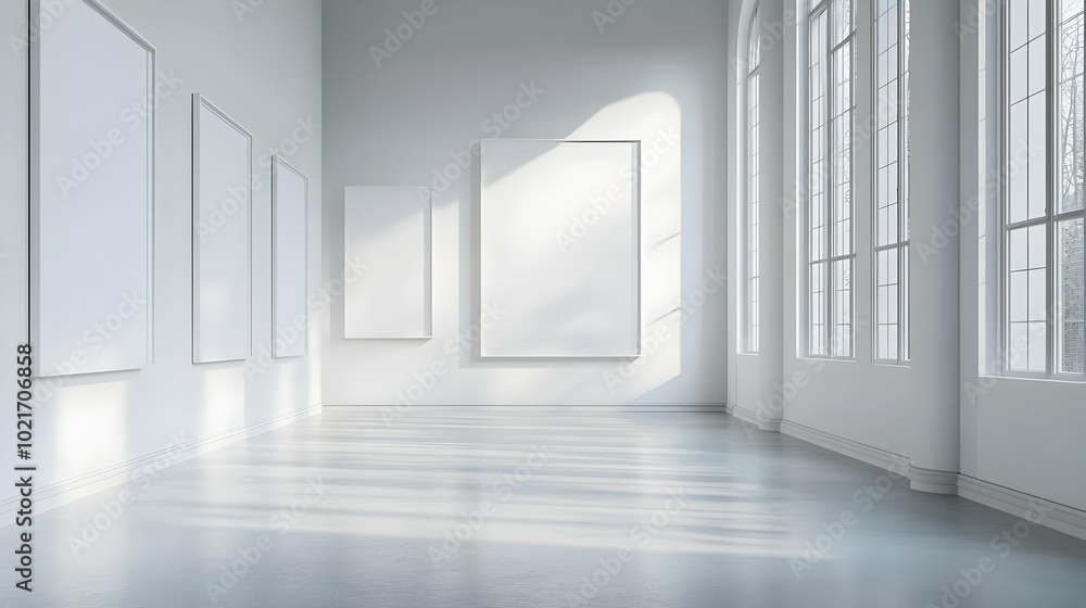 Gallery Room with Sunlight, Empty Frames, and Windows - 3D Illustration Gallery Room with Sunlight, Empty Frames, and Windows - 3D Illustration