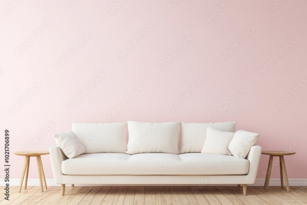 Minimalist Scandinavian Living Room with Cream Sofa on Light Pink Wall and Wooden Flooring Minimalist Scandinavian Living Room with Cream Sofa on Light Pink Wall and Wooden Flooring