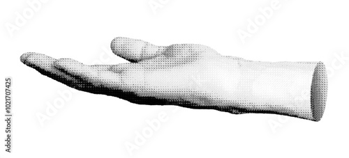 Flat palm, hand holding something, open gesture. Halftone style vector isolated on white background.