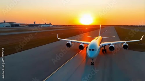 Airplane taking off from runway at sunset. Business travel and transportation concept