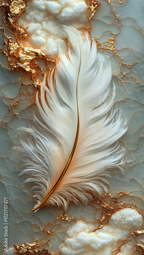 White Feather with Golden Shaft on Turquoise and Cream Marble Background - Luxurious Abstract Wallpaper for Sophisticated Decor and Artistic Wall Art